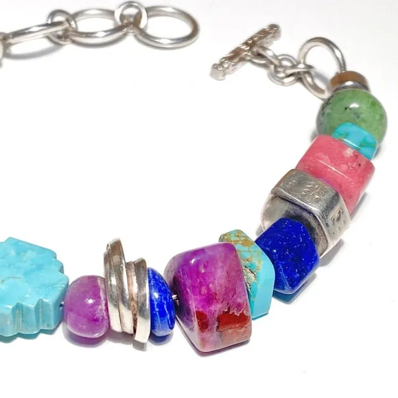 Harold Lujan Unsigned Bracelet w/ Sterling Hand Stamped Beads & Hand Cut Stones - Picture 5 of 16